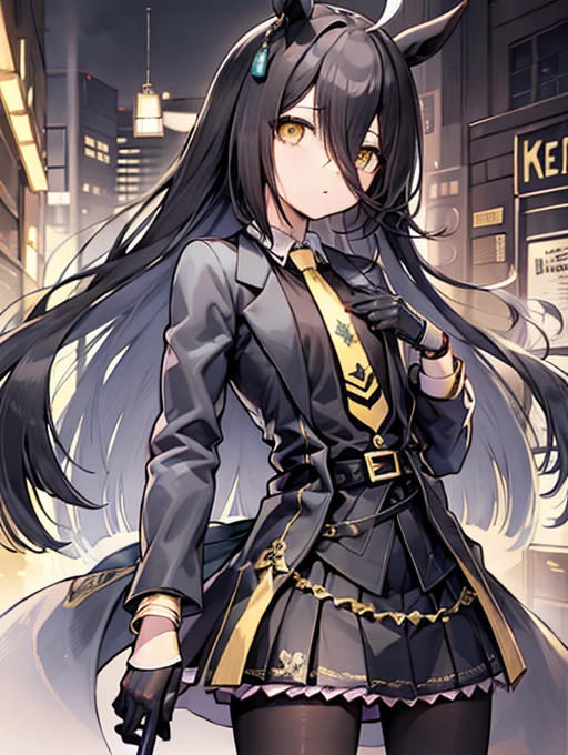 ((masterpiece)), ((best quality)), (solo), Manhattan Cafe, Manhattan Cafe (racing wear),, white ahoge, (long black hair), long black bangs between the eyes,,, black horse ears, horse tail, yellow eyes with no highlights, (((flat chest))), ((black long coat)), ((black shirt)), ((black pantyhose)), ((black skirt)), black gloves, ((yellow tie)), belt,