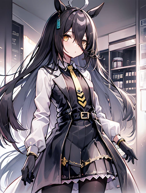 ((masterpiece)), ((best quality)), (solo), Manhattan Cafe, Manhattan Cafe (racing wear),, white ahoge, (long black hair), long black bangs between the eyes,,, black horse ears, horse tail, yellow eyes with no highlights, (((flat chest))), ((black long coat)), ((black shirt)), ((black pantyhose)), ((black skirt)), black gloves, ((yellow tie)), belt,