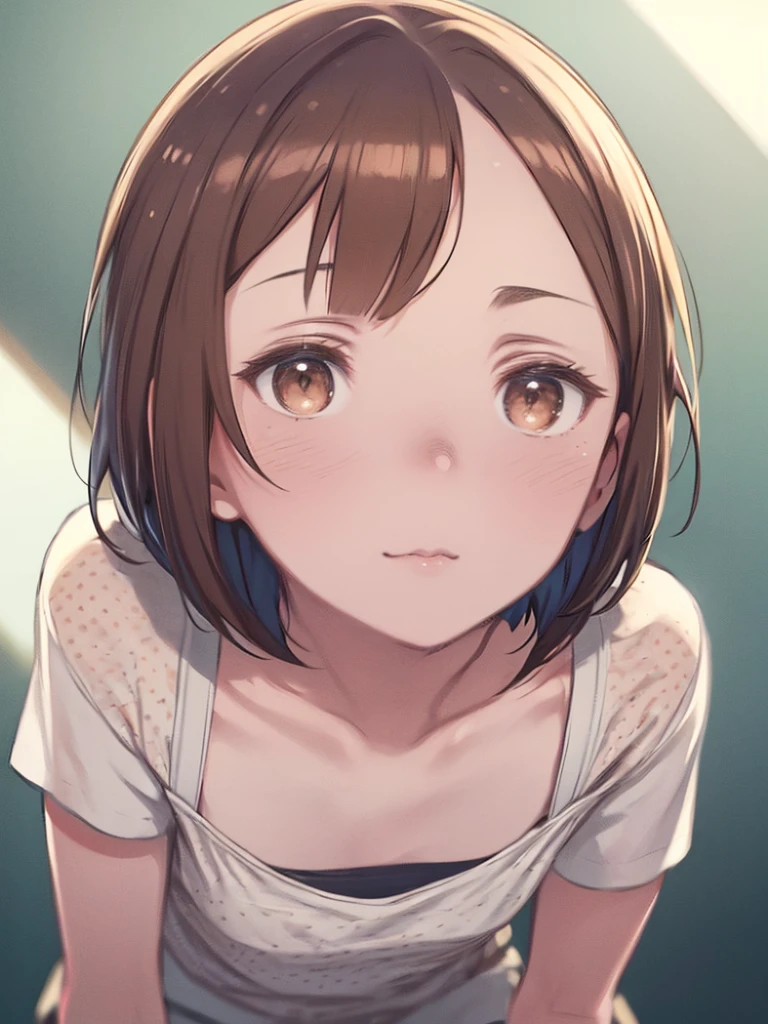 short hair, Brown Hair, (Brown eyes:1.5), break shirt, Short sleeve, Shorts, Polka dot pattern, white Shorts, break looking at viewer, whole body, break indoors, classroom, break (masterpiece:1.2), Highest quality, High resolution, unity 8k wallpaper, (figure:0.8), (Beautiful attention to detail:1.6), Highly detailed face, Perfect lighting, Highly detailed CG, (Perfect hands, Perfect Anatomy),