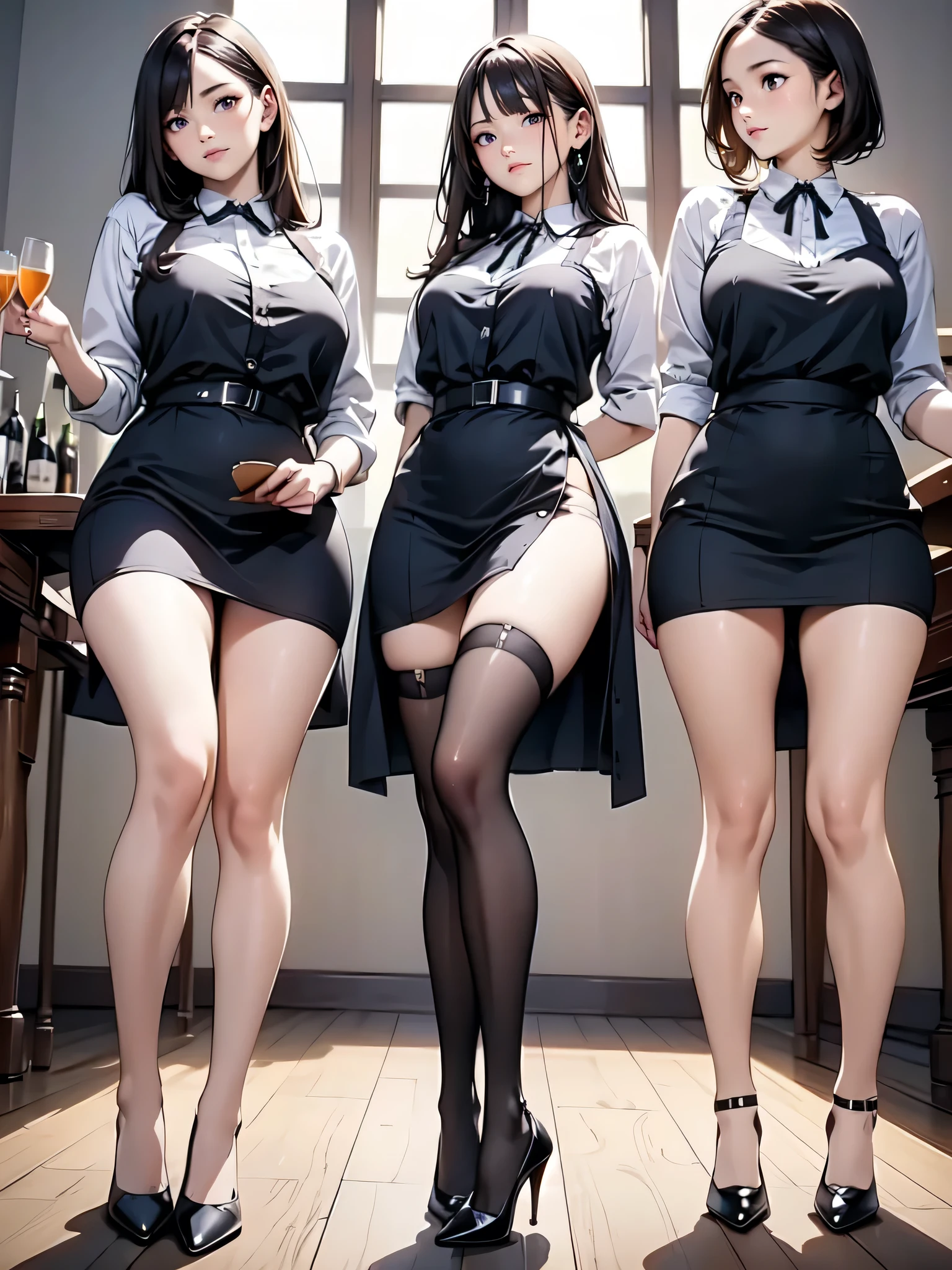 (masterpiece:1.3),(best quality, highest quality),((Full Body Shot,Including face)),1girl,Standing position,4K,masterpiece,((Focus on the face)),((Symmetrical facial features)),Beautiful woman,slender,Beautiful feet,((High heels,Patterned stockings with straps)),Detailed depiction of the face,bar counter,Cafe clerk uniform,Realistic,Apron appearance,Place glasses on a tray,profile