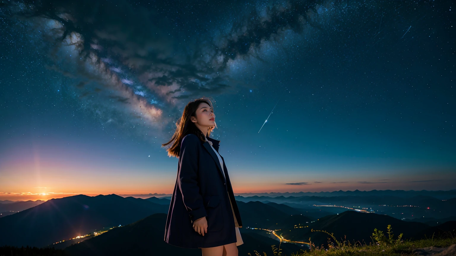woman,Standing on the mountain,at the viewpoint,You can see the image below from a distance.,Bokeh,dusk time,galaxy ,see the sky,Constellation