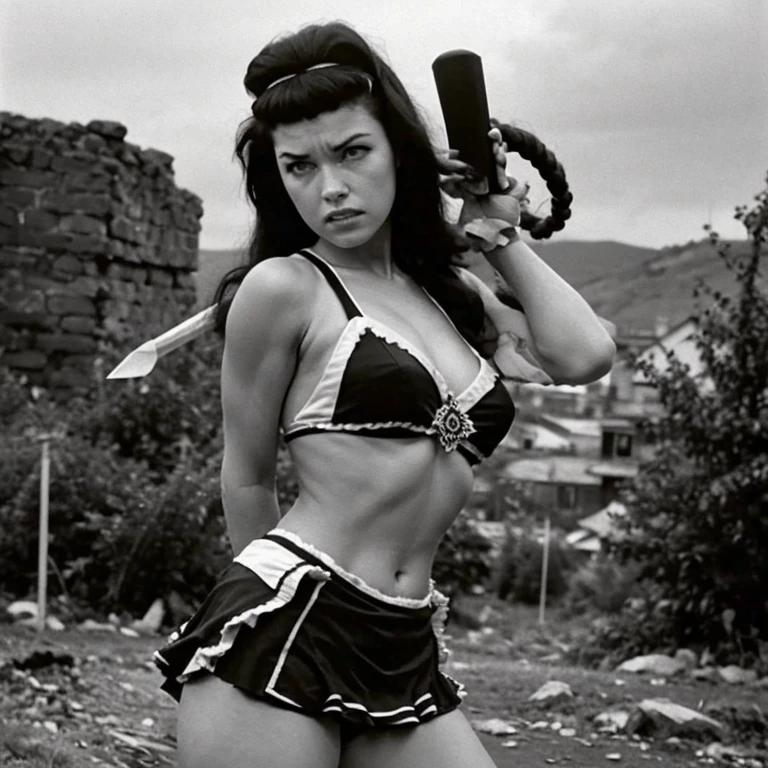 realistic, ultra-detailed, 1girl, Nancy Adams, long braided black hair, beautiful detailed blue eyes, beautiful detailed thin lips, round face, large breasts, cheerleader uniform, holding a serrated dagger, arrogant expression, zombie slayer, protagonist, best quality, 8k, highres, photorealistic, hyper detailed, studio lighting, vivid colors, dramatic lighting, cinematic, conceptart style, dark fantasy, desolate city background