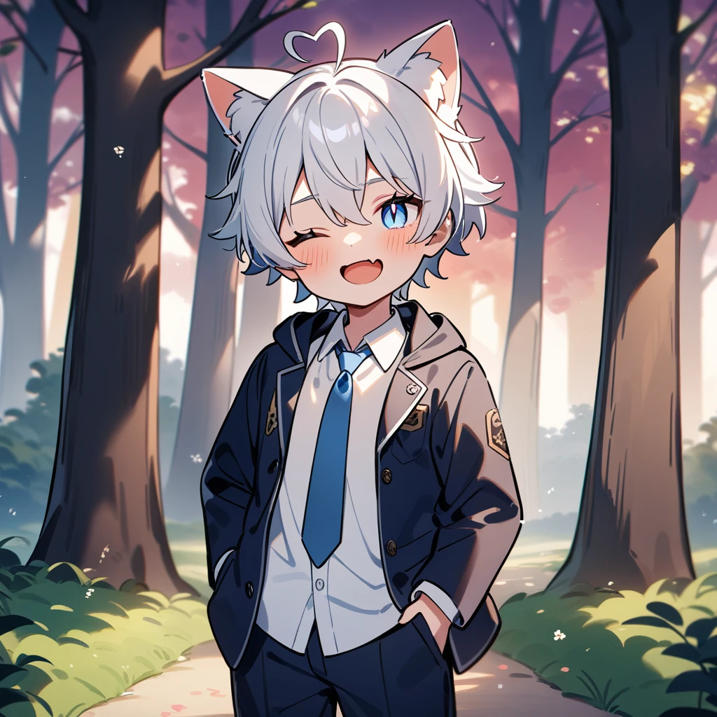 （masterpiece：1.2，high quality），8k，High resolution，A seven-year-old boy，cute boy，white hair，short hair，light blue eyes，slit pupils，one eye closed，heart ahoge，cat ears，laughing，skin fang，Wear a white shirt，Blue tie，short jacket，Dark blue trousers，Stand in the forest，There are flowering trees on both sides.，primary school student，thigh，alone，（（Put your hand in your pocket）），，（（Put your hands in your coat pockets）），（（Put your hands in your pockets））Sunset