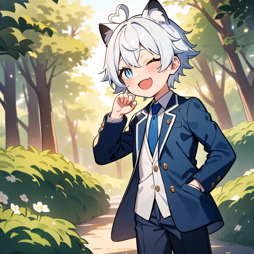 (masterpiece:1.2,high quality),8k,High resolution,A seven-year-old boy,cute boy,white hair,short hair,light blue eyes,slit pupils,one eye closed,heart ahoge,cat ears,laughing,skin fang,Wear a white shirt,Blue tie,short jacket,Dark blue trousers,Stand in the forest,There are flowering trees on both sides.,primary school student,thigh,alone,((Put your hand in your pocket)),,((Put your hands in your coat pockets)),((Put your hands in your pockets))Sunset