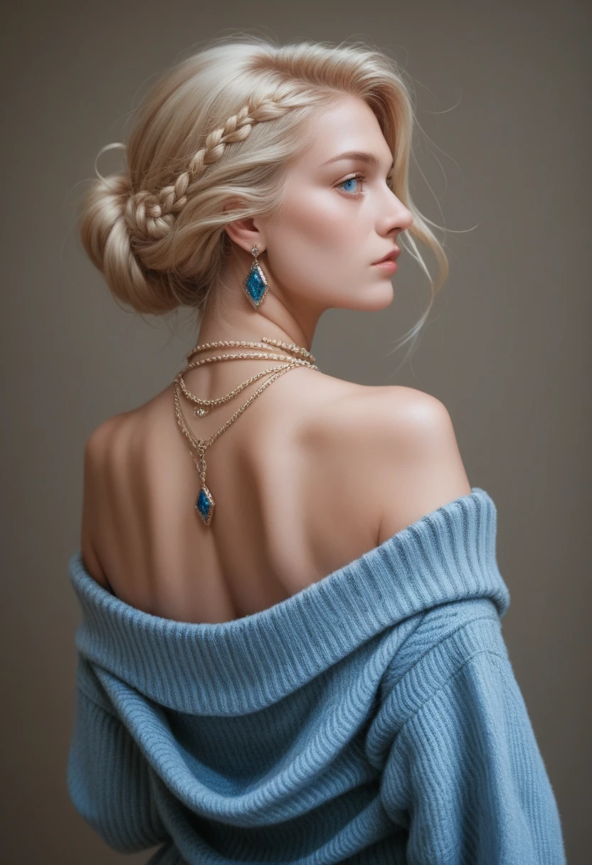 1 girl in, 19 years old, bare, Longhaire, Colossal , Look to viewer, blond hair, blue colored eyes, jewels, the whole body, a necklace, off the shoulders, Sweaters, realisitic, back view