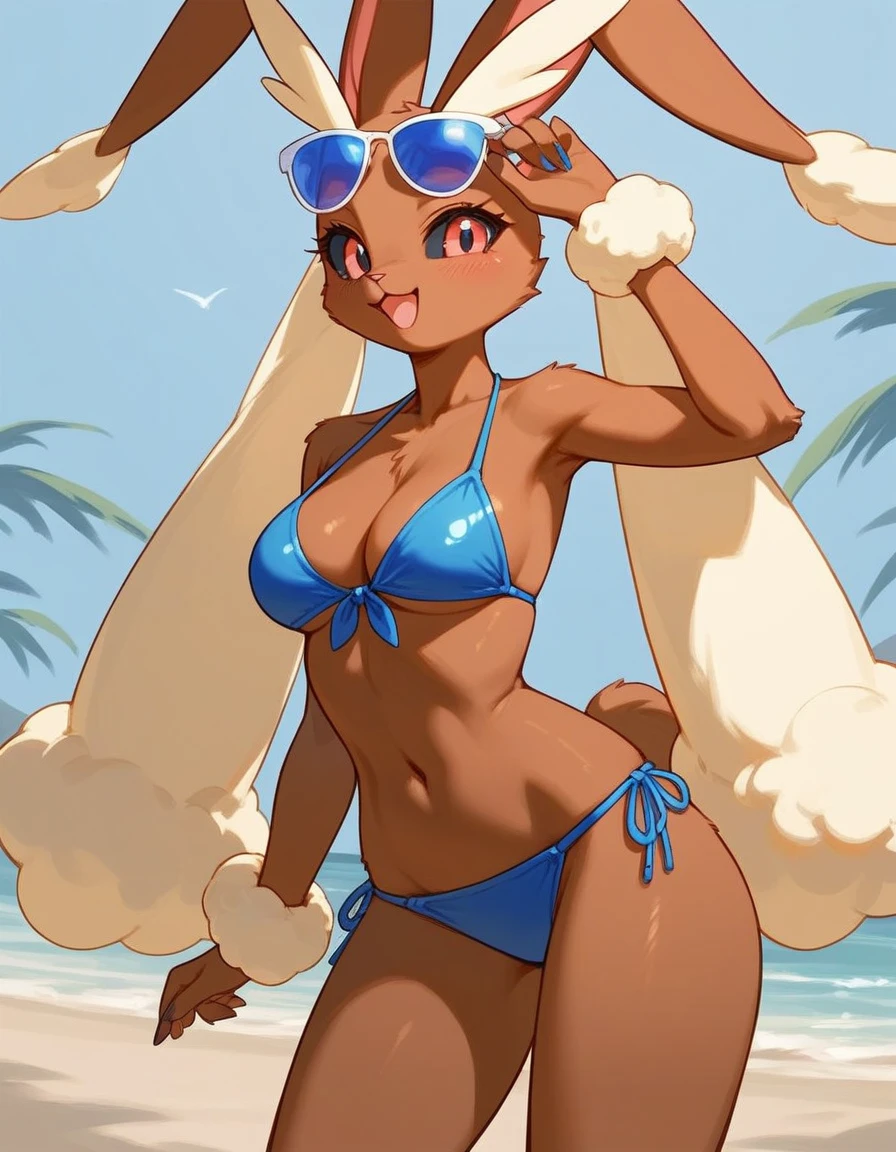 alone, score_9,score_8_up,score_7_up, anthro female lopunny, blue stripped bikini, beach background, standing, happy, sunglasses.