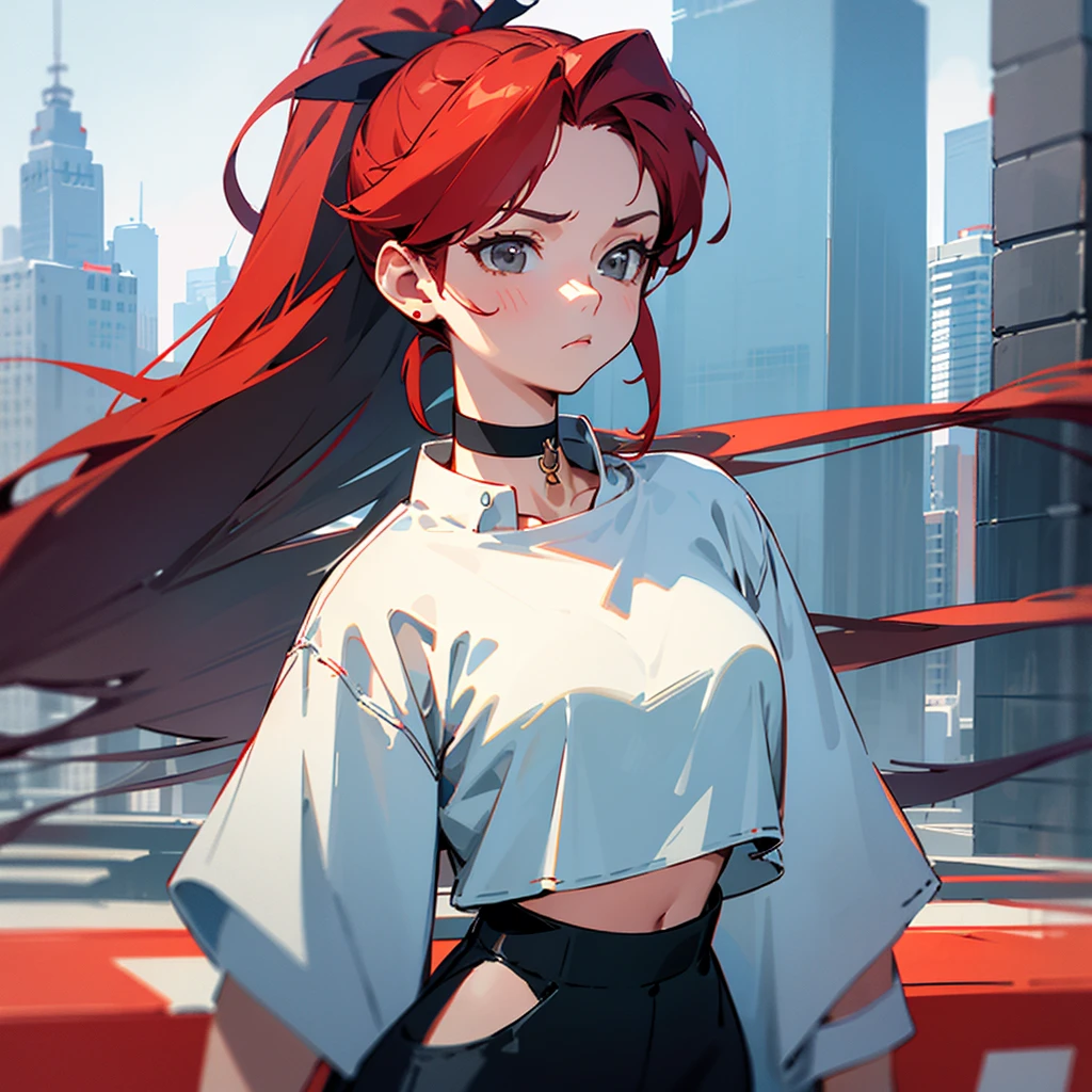 [[[[[[1 woman]]]]]] {{{ponytail hair}}}, long hair, red hair, gray eyes animation, Breasts slightly larger, medium hips, choker, with a straight face, inexpressive, black clothes, Casual clothes, Boxty, crop tee, white outerwear, choker, standin, very detailed, 8k, game illustration, city background, retro pictures