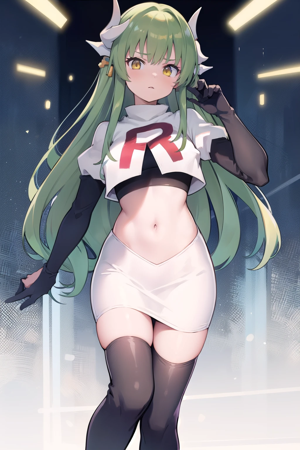 1girl, solo, aakiyo, long hair, green hair, white horns, hair ornament, yellow eyes, looking at viewer, team rocket,team rocket uniform,white skirt,red letter R,crop top,black thigh-highs,black elbow gloves, masterpiece, best quality