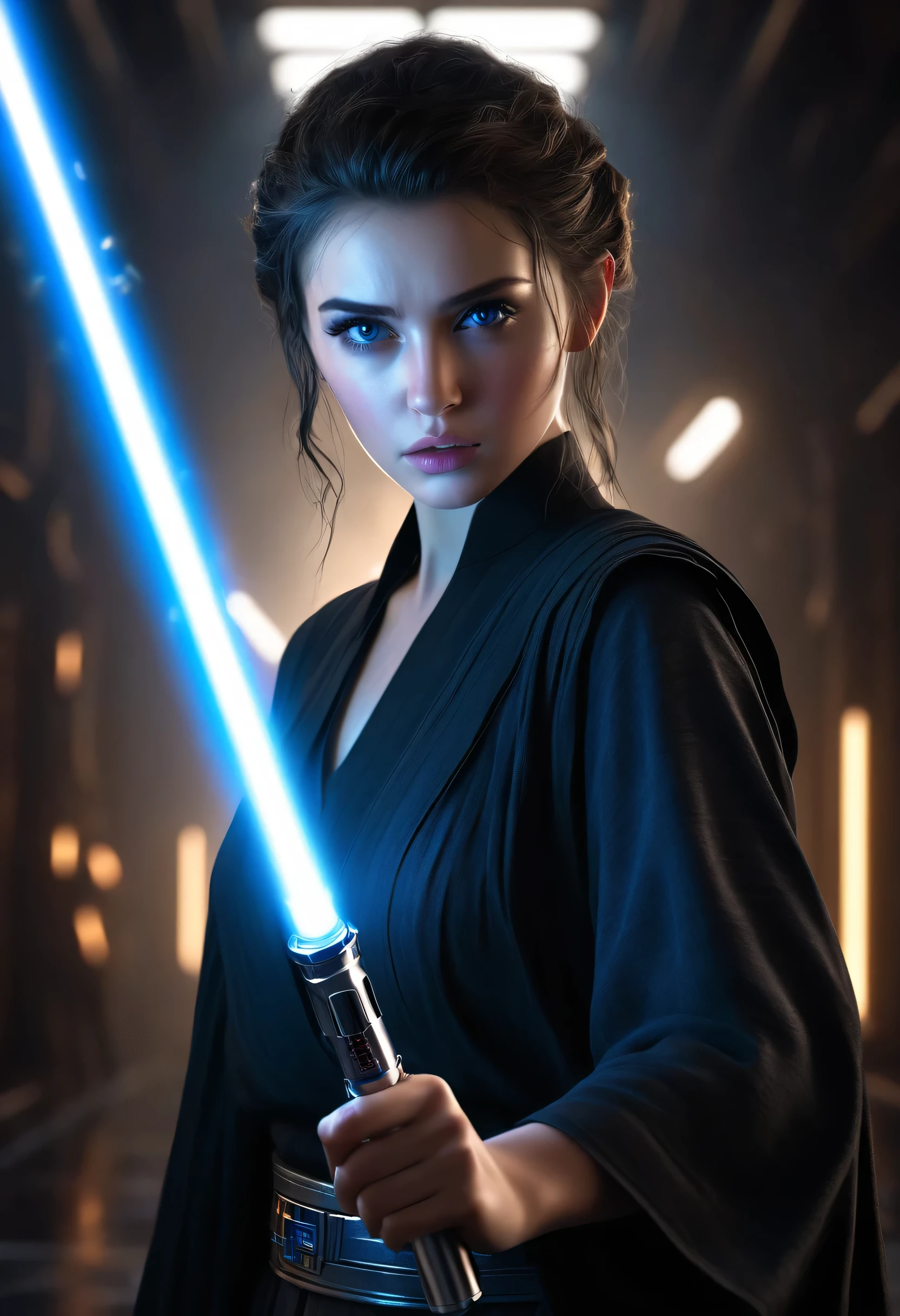 ultra wide angle, in focus, dark epic background, gorgeous lifelike, dynamic pose, a young lady, (highly detailed face and eyes:1.3), arrogant expression, holding blue lightsaber in his hand, medium shot, hyper details, lighting art, cinematic, insane details, intricate details, hyperdetailed, jedi com roupas brancas, fractal, dark shot, big , full body