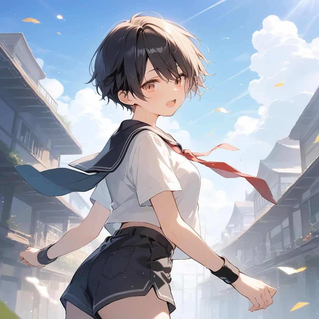 score_9, score_8_up, score_7_up, source_anime, best quality, masterpiece, official art, absurdres, highres, ultra-detailed,waifu2x,Collection: Slice of Life,break,1girl, tomboy, very short hair, pixie cut, breasts, beautiful detailed eyes, school_uniform, beautiful detailed eyes, shorts, sweat, open mouth, (yawn:0.3), sleepily, outdoors, wind,break,(clear line illustration:1.2), super detailed skin,very high resolution, very aesthetic, Best sexual lighting powered by famous artist, 8k,cute picture,beauty illustration,photoshop_(medium),,(Detailed Lighting),best anime 8k konachan wallpaper, pixiv contest winner,