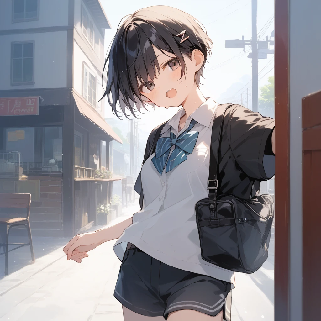 score_9, score_8_up, score_7_up, source_anime, best quality, masterpiece, official art, absurdres, highres, ultra-detailed,waifu2x,Collection: Slice of Life,break,1girl, tomboy, very short hair, pixie cut, breasts, beautiful detailed eyes, school_uniform, beautiful detailed eyes, shorts, sweat, open mouth, (yawn:0.3), sleepily, outdoors, wind,break,(clear line illustration:1.2), super detailed skin,very high resolution, very aesthetic, Best sexual lighting powered by famous artist, 8k,cute picture,beauty illustration,photoshop_(medium),,(Detailed Lighting),best anime 8k konachan wallpaper, pixiv contest winner,