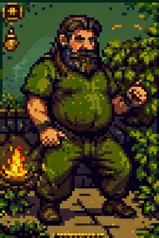 pixel art, Masterpiece, pix, ((( Create images of a Game Based on POKÉMON EMERALD ROGUE 2.0, charachter, Pokémon, NPCs, citys, mappa, small town, Plants of all characteristics))) , Anime style, Cute, 4K, masterpiece, detailded.💚 🌹Dwarves are a fictional character archetype that typically have short but robust bodies and are known for their incredible strength. Their skin color is usually gray or brown, and their hair is typically dark brown or auburn and short and stout. Dwarves' features are often rugged with prominent beards or goatees, which are considered indicative of their brawn and fighting prowess. They have dark-colored eyes and heightened vision due to their long periods of subterranean living.Dwarves typically wear heavy clothing and leather goods, which are made to be durable and protective during their mining and crafting processes. Their broad and powerful hands are highly regarded for their skilled craftsmanship, from building homes to the forging of weapons and armor.Generally, dwarves are known for their bravery and stubbornness. They value tradition, respect for the law, and family honor, which they take pride in. Overall, the dwarven archetype is widely used in culture to represent a variety of characters, including warriors, miners, craftsmen, and elites in various fields.The gentle sunshine and natural scenery under the sunlight: The sunshine is a source of vitality for life. It shines on all things in nature, makes all plants and trees full of vitality, and gives natural scenery a gentle and warm aesthet, (handsome mature man plump chubby morbid extremely thick thighs bulging belly fat), older man, gray hair, white man, wearing , hairy chest, hairy belly, bare overalls, gloves, , bulge, detailed glade on clothing, (fat and corpulent: 1.3), full beard very long, looking at the viewer, handsome man, detailed eyes, symmetrical face, mischievous smile, robust, mustache, longer hair, his body is lying sideways on the floor, front view.