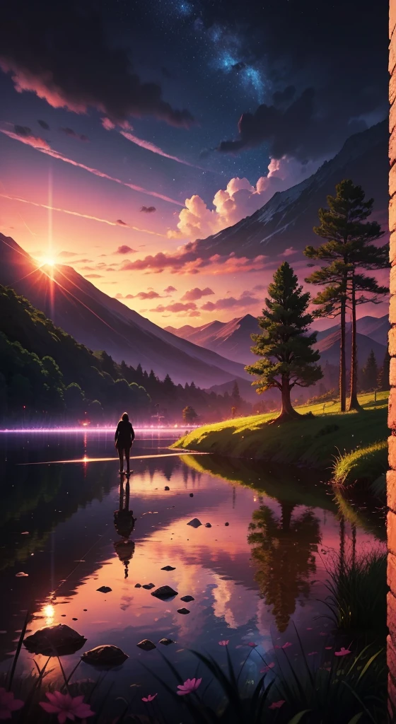 Bright and well-lit picture. No humans. (((Shinkai Makoto style)),pixiv,cartoon,high quality,Pink and purple sky,Beautiful scenery),(universe,Train passing by,Magical Realism,((Shinkai Makoto style)) ::0.8), [Artistic atmosphere, atmosphere:0.8, Starry Sky, hills, Snow Mountain, soda water, Grass, Trees, smokes, Star, Low Angle of View, Specular Scattering,