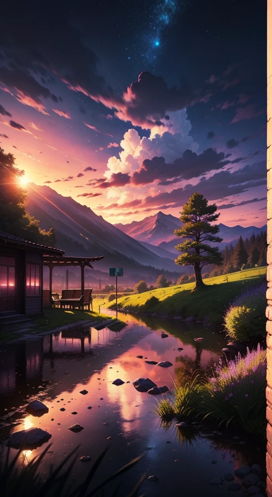 Bright and well-lit picture. No humans. (((Shinkai Makoto style)),pixiv,cartoon,high quality,Pink and purple sky,Beautiful scenery),(universe,Train passing by,Magical Realism,((Shinkai Makoto style)) ::0.8), [Artistic atmosphere, atmosphere:0.8, Starry Sky, hills, Snow Mountain, soda water, Grass, Trees, smokes, Star, Low Angle of View, Specular Scattering,