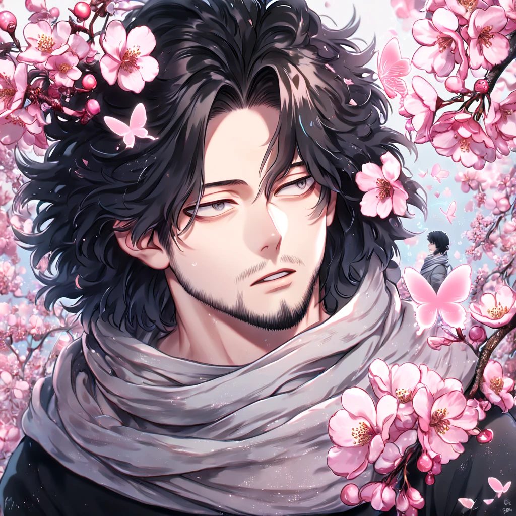 Ultra detailed, HDR, Highres, absurdres, master piece, Eraserhead, black hair, medium hair, expressive gray eyes, faint beard, gray scarf, black shirt, Boku No Hero Academia, sexy man, handsome, cherry, flowers, blossoms, fantasy, magical, pink leaves, sensual, best quality, glittering, pink butterflies, pink ice,