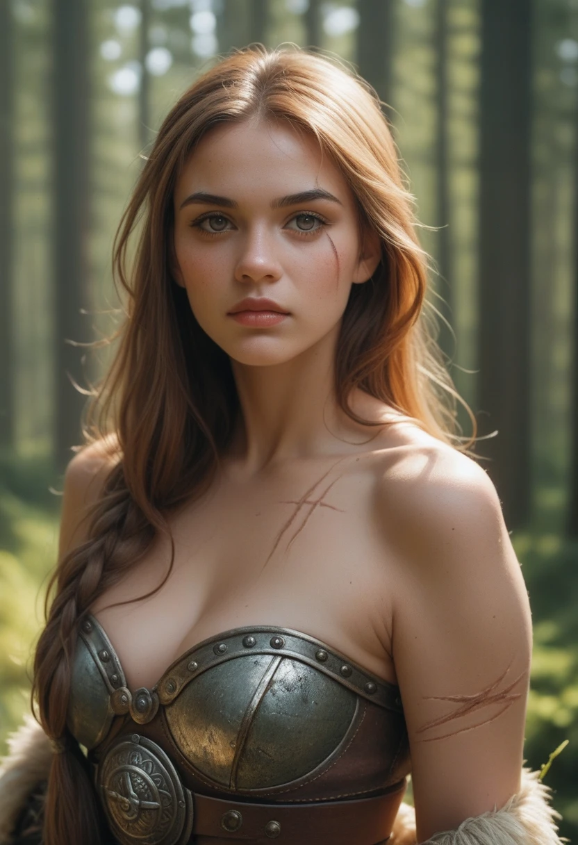 Viking character with scars of war Cartoon image of a woman .cartoon style illustration, cartoon art style, cartoon art style, digital illustration style, highly detailed character design, courage detailed digital art, Forest fan art, Portrait Character Design, beautiful digital illustration, high-quality portrait, comic book art, young woman with beautiful hair . Beautiful outlined eyes Medium large bust and wonderful sensual clothes. expression of sexual desire image from the waist to the head illustration