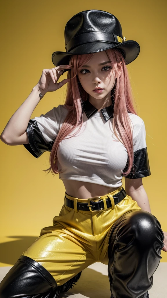 A pink-haired woman, she wears a golden builder's hat, she wears a green builder's costume with black and yellow accents, with several holders in the outfit, green pants with red accents, black belt with yellow accents, she has a pose with her hand in the hat, black boots, luminous colors, shiny colors, colorful, white background, 3D Render, full bodied