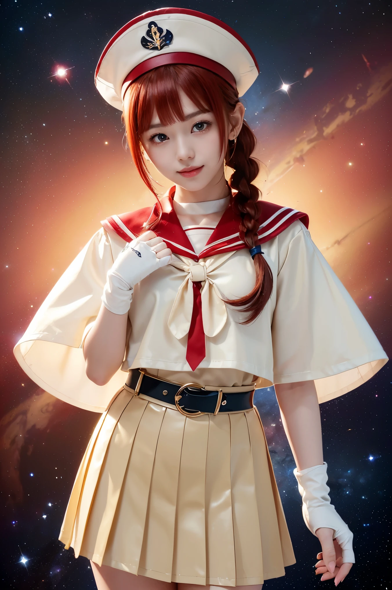 (((Short braided hair、Red Hair、Cute hat)))、(((A Japanese girl wearing a shiny short-sleeved sailor uniform and elbow gloves, layered over a white cloak,smile)))、(((Beige latex sailor collar)))、(((Beige Latex Pleated Skirt,Red belt)))、emblem、choker、Earrings、ribbon、((belly button))、 (((Sailor Warrior Uniforms)))、(((Add red light)))、Beautiful ornaments: 美しいPerfect Face, Soft Skin、Perfect Face, Intricate details, Splash screen, 8k resolution, masterpiece, Cute Face、(((Space Background))、Queen of Queenasterpiece, Highest quality, Highest quality, Official Art, Beauty and aesthetics: 1.2), (One girl: 1.3)