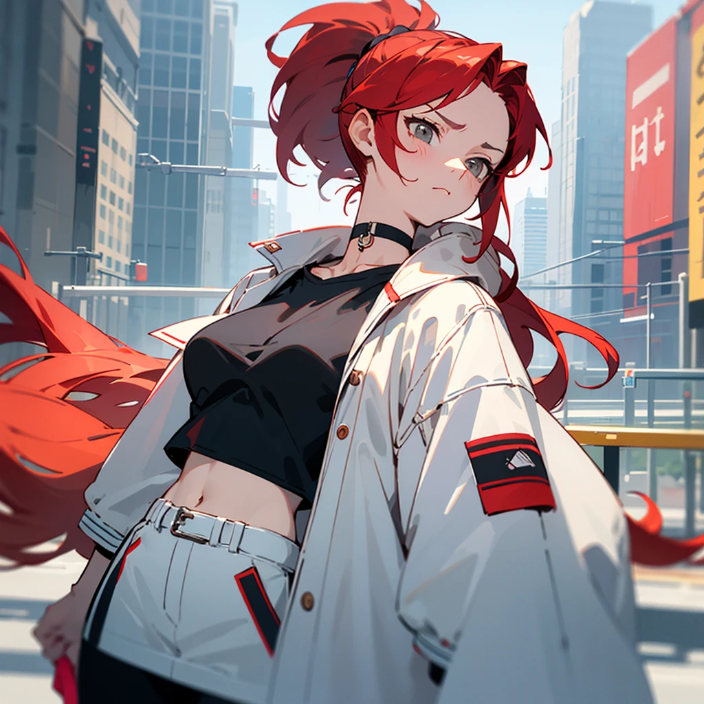 [[[[[[1 woman]]]]]] {{{ponytail hair}}}, long hair, red hair, gray eyes animation, Breasts slightly larger, medium hips, choker, with a straight face, inexpressive, black clothes, Casual clothes, Boxty, crop tee, white outerwear, choker, standin, very detailed, 8k, game illustration, city background, retro pictures