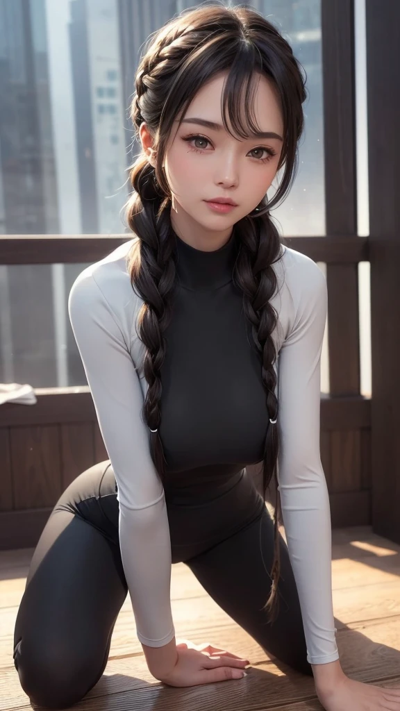 ((Perfect body,Fair and tender skin,(((Black yoga suit,Long-sleeved yoga suit,Yoga Pants))),((Brown eyes,braid,Long hair,braid马尾辫,单braid,Yoke hair,Bangs,Blush,Lips))),((masterpiece)),high,((最好quality)),masterpiece,quality,最佳quality,(Exquisite facial features,Looking at the audience,There is light in the eyes,(((frown,blush))),))),(((Light and Shadow,,))),(((Looking at the camera,White background))))