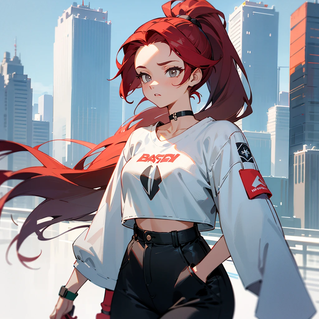 [[[[[[1 woman]]]]]] {{{ponytail hair}}}, forehead, long hair, red hair, gray eyes animation, Breasts slightly larger, medium hips, choker, with a straight face, inexpressive, black clothes, Casual clothes, Boxty, crop tee, white outerwear, choker, standin, very detailed, 8k, game illustration, city background, retro pictures