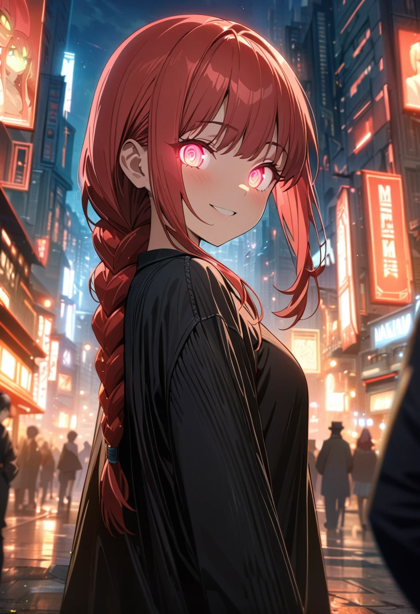 ((Best quality)), ((master piece)), (High datail:1.3), Woman, age 18, red hair, (makima:1.4), (((detailed eyes))), (((glowing eyes))), ([High details]) wearing black shirt, smiling, ((city)), high quality, 4k resolution, depth of field, anime, --v6