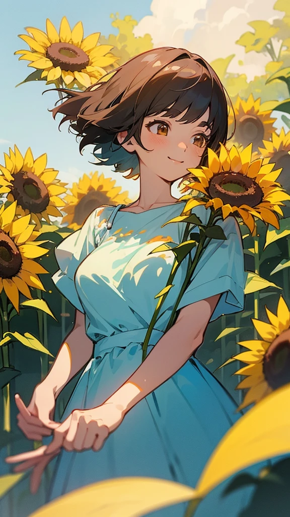 master piece, best quality, for below, cinematic angle, upper body , pigeon toed,
Anime-style Moe illustration, summer vacation theme, 20-year-old 4womans holding a bouquet of sunflowers, short hair, summer dress, slightly inner thighs, smile, accurate drawing, Active pose,