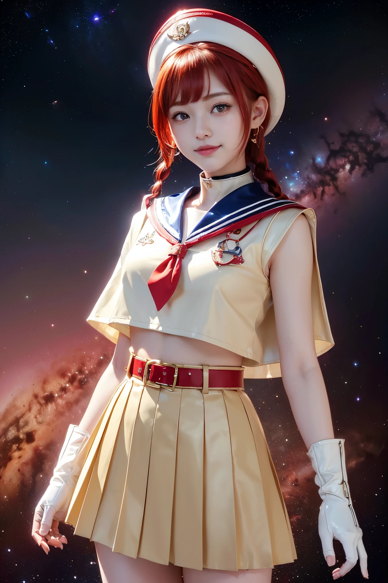 (((Short braided hair、Red Hair、Cute hat)))、(((A 14-year-old Japanese girl wearing a shiny short-sleeved sailor uniform and elbow gloves, layered over a white cloak,smile)))、(((Beige latex sailor collar)))、(((Beige Latex Pleated Skirt,Red belt)))、emblem、choker、Earrings、ribbon、((belly button))、 (((Sailor Warrior Uniforms)))、(((Add red light)))、Beautiful ornaments: 美しいPerfect Face, Soft Skin、Perfect Face, Intricate details, Splash screen, 8k resolution, masterpiece, Cute Face、(((Space Background))、Queen of Queenasterpiece, Highest quality, Highest quality, Official Art, Beauty and aesthetics: 1.2), (One girl: 1.3)