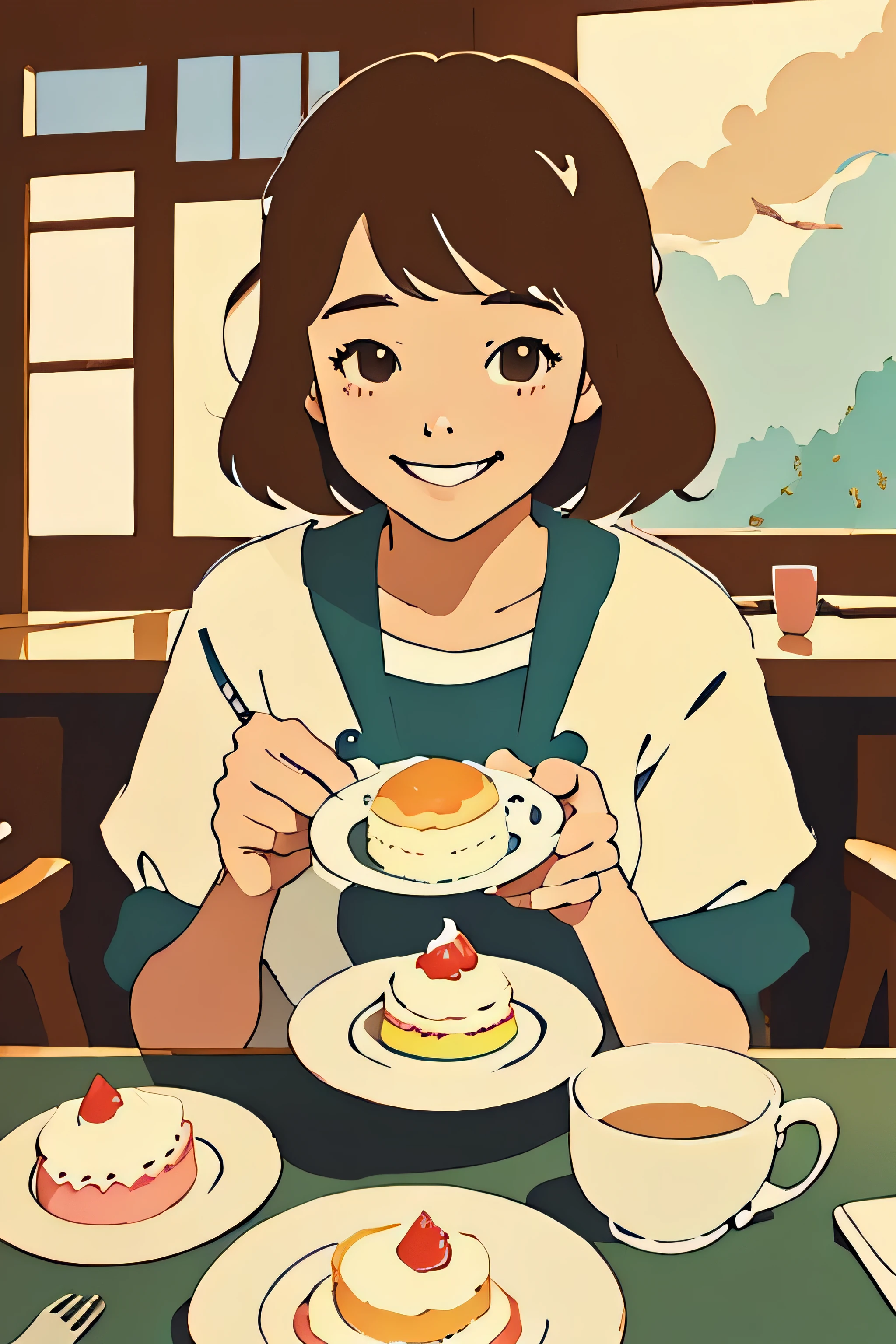 lofi girl, 1 female, 18 years old, cute, smiling, eating shortcake, cafe, Studio Ghibli style illustration