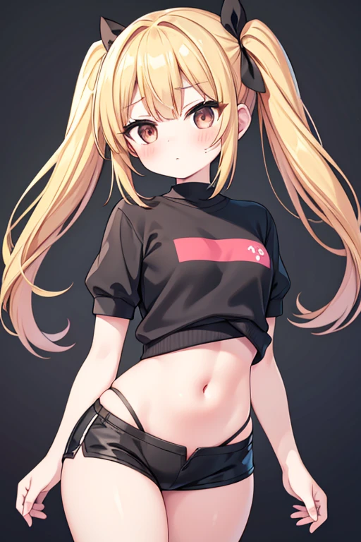 Maximum quality, work of art, high qualiy, detailed 8k, neat graphics. a girl, 独奏, very beautiful very beautiful. small, with dark brown eyes, blonde hair tied in pigtails, blushed, vermelha, looking at me with a silly but cute vulnerable expression, Broad Hips, wearing a short black sweatshirt showing her stomach and wearing short black shorts.