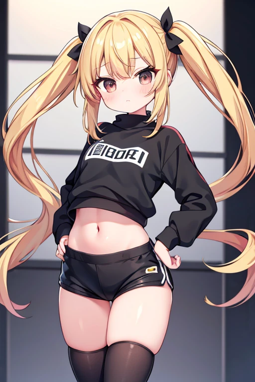 Maximum quality, work of art, high qualiy, detailed 8k, neat graphics. a girl, 独奏, very beautiful very beautiful. small, with dark brown eyes, blonde hair tied in pigtails, blushed, vermelha, looking at me with a silly but cute vulnerable expression, Broad Hips, wearing a short black sweatshirt showing her stomach and wearing short black shorts.