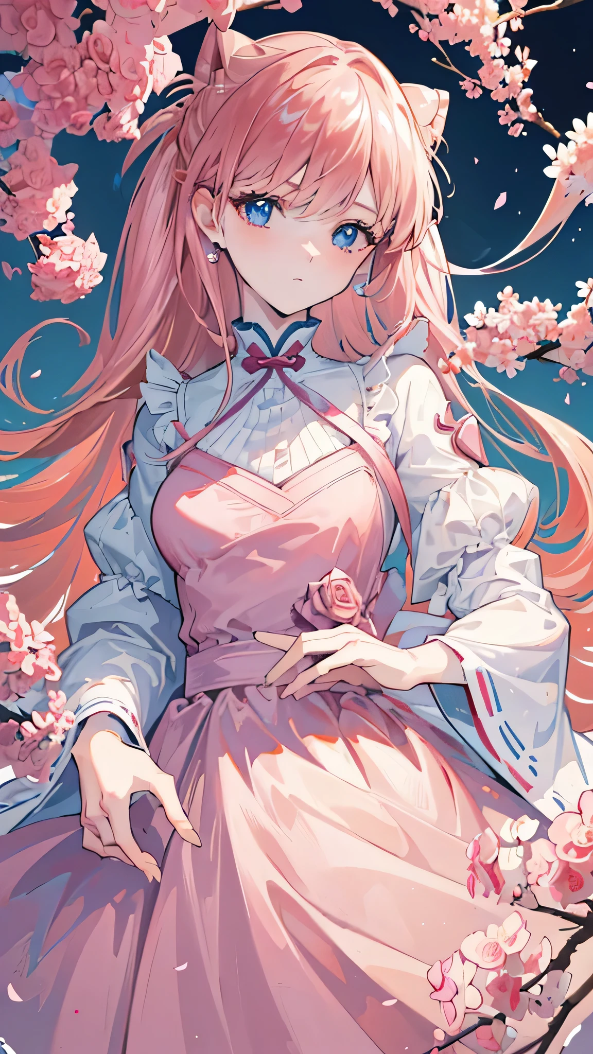 (finely detailed beautiful eyes and detailed face,masterpiece sidelighting,masterpiece,Best Quality,detailed,high resolution illustration),, (1 girl,whole body,bishoujo,shiny skin,looking down,looking at the viewer),, (pink hair,blue eyes,Love,Hanboks, Korean clothes), (dress_under bust:1.2),under the chest,