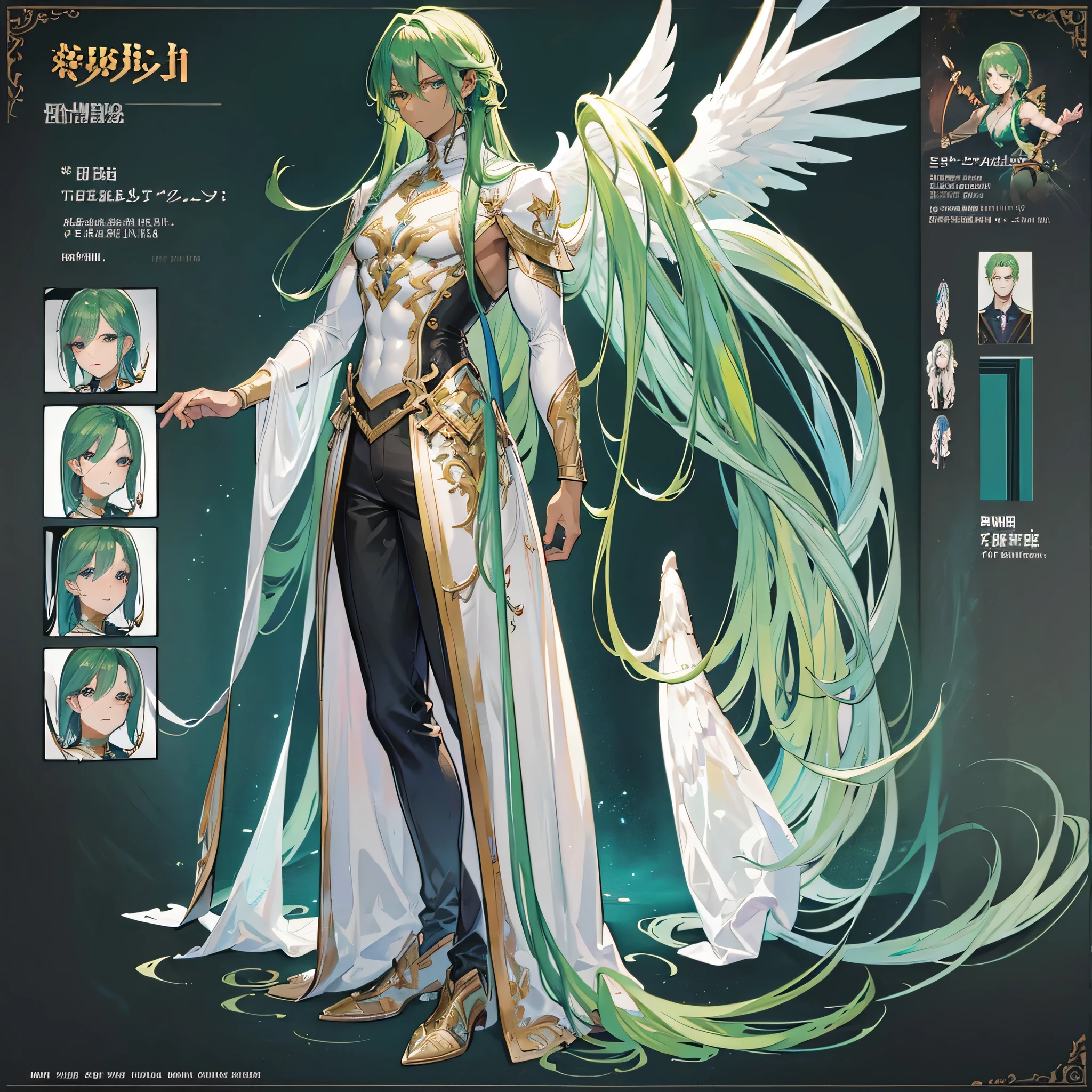 (Masterpiece, best quality), detailed, 1 man, ((character concept art)), ((character design sheet, same character, front, side, back)), full body, body complete, 1 Male angel, 1 Man angel, Detailed face, character design sheet,full bodyesbian, Highly detailed, character sheet, character design, Many parts, dark skin, angel wings, long green hair, angel outfit, muscle male god, male clothes, masculine, muscle man, male muscle, manly, male angel, Muscle male with long green, hair,beautiful man, beautiful muscle man