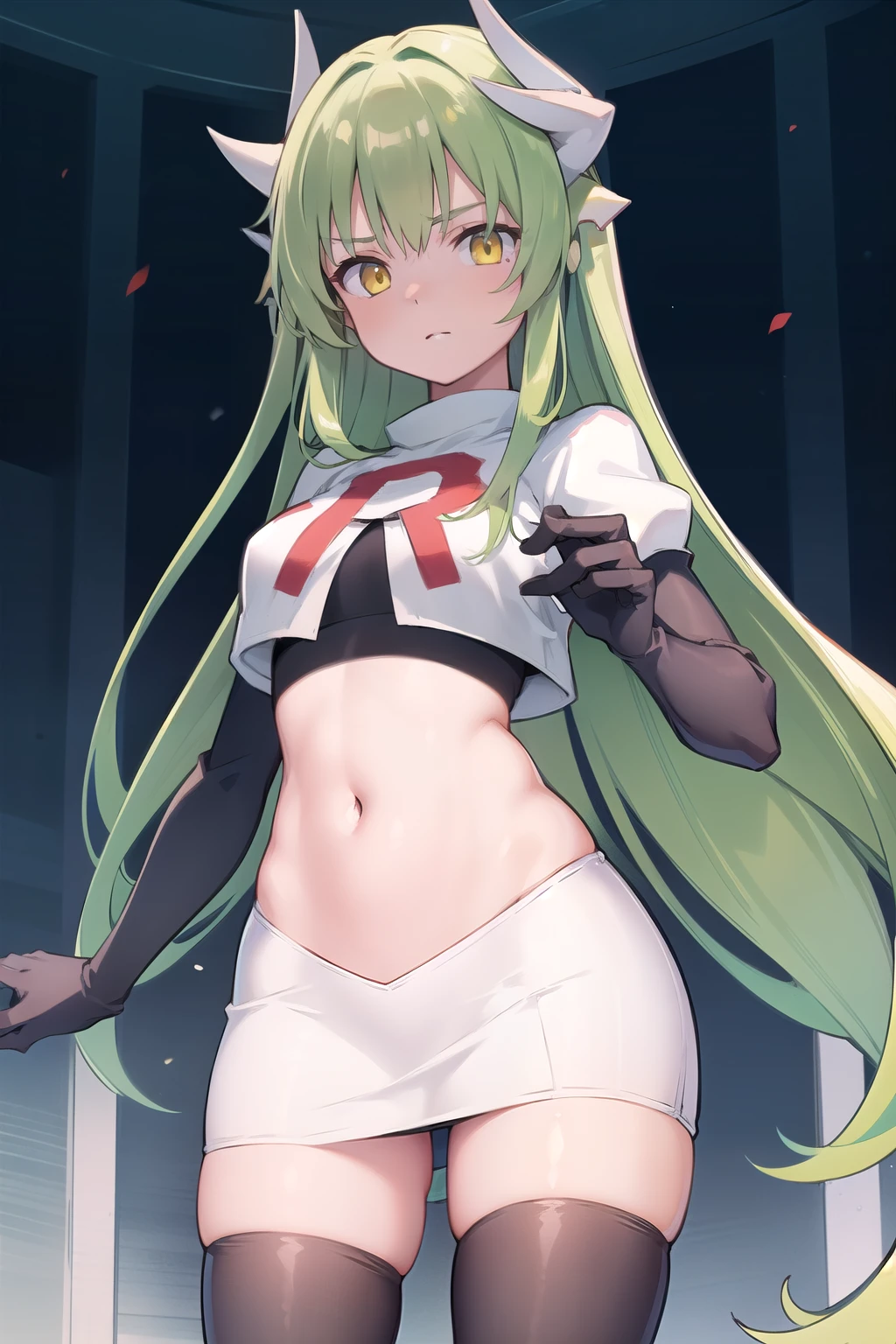 1girl, solo, aakiyo, long hair, green hair, white horns, hair ornament, yellow eyes, looking at viewer, team rocket,team rocket uniform,white skirt,red letter R,crop top,black thigh-highs,black elbow gloves, masterpiece, best quality