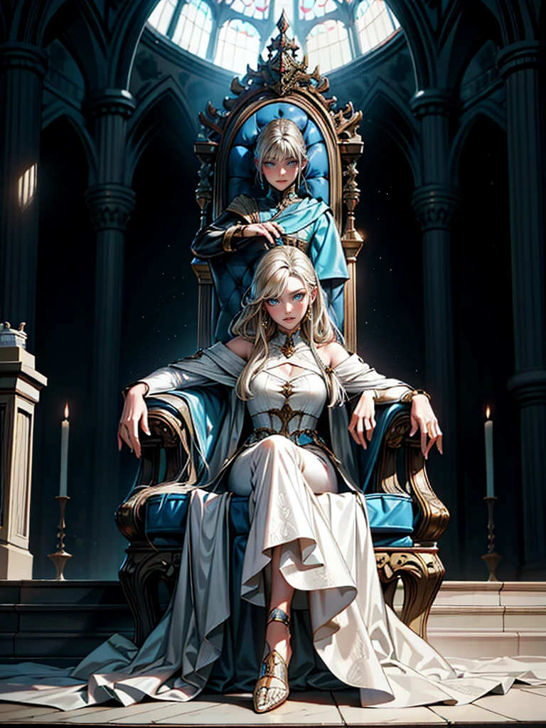 Girl on the castle throne, Detailed full body portrait, Mandy Jurgens (Mandy Jurgens) Realistic paintings created, Figurative Art, A detailed description, Realistically, A work of art, contour, Crossed feet