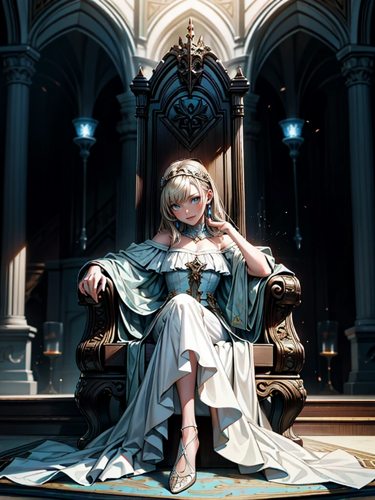 Girl on the castle throne, Detailed full body portrait, Mandy Jurgens (Mandy Jurgens) Realistic paintings created, Figurative Art, A detailed description, Realistically, A work of art, contour, Crossed feet