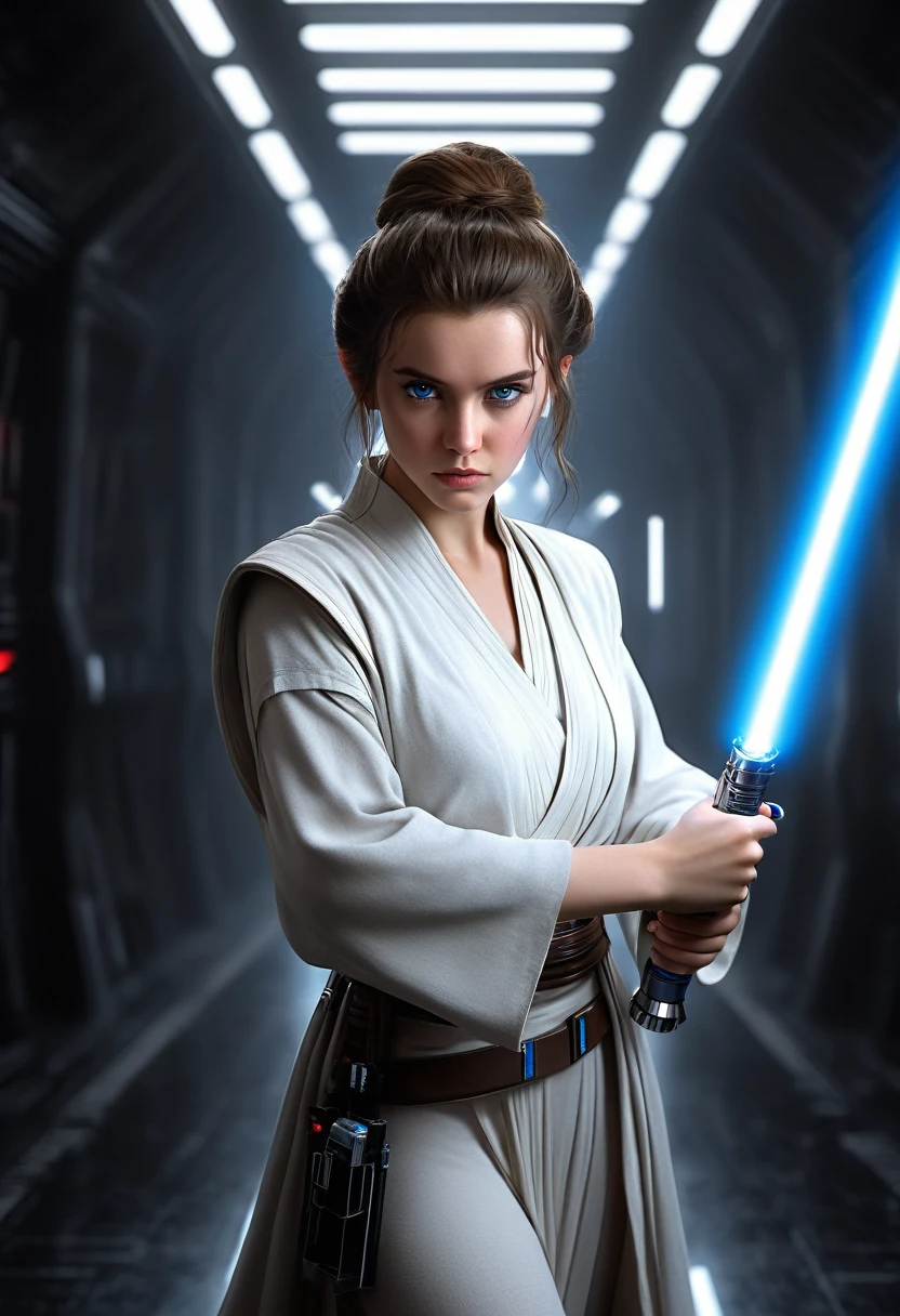 ultra wide angle, in focus, light epic background, gorgeous lifelike, dynamic pose, a young lady, (highly detailed face and eyes:1.3), arrogant expression, holding blue lightsaber in his hand, medium shot, hyper details, lighting art, cinematic, insane details, intricate details, hyperdetailed, jedi com roupas brancas, fractal, dark shot, big , full body, jedi (Star wars), white clothes