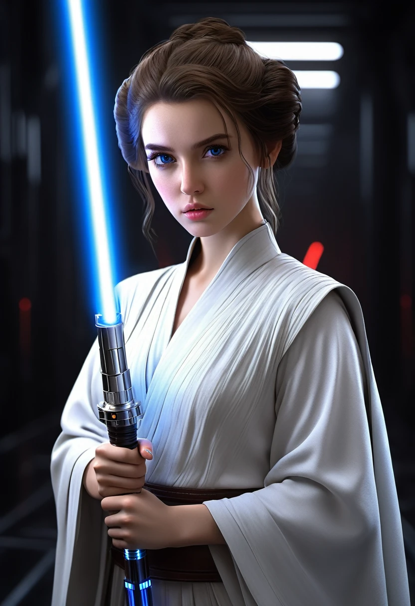 ultra wide angle, in focus, light epic background, gorgeous lifelike, dynamic pose, a young lady, (highly detailed face and eyes:1.3), arrogant expression, holding blue lightsaber in his hand, medium shot, hyper details, lighting art, cinematic, insane details, intricate details, hyperdetailed, jedi com roupas brancas, fractal, dark shot, big , full body, jedi (Star wars), white clothes