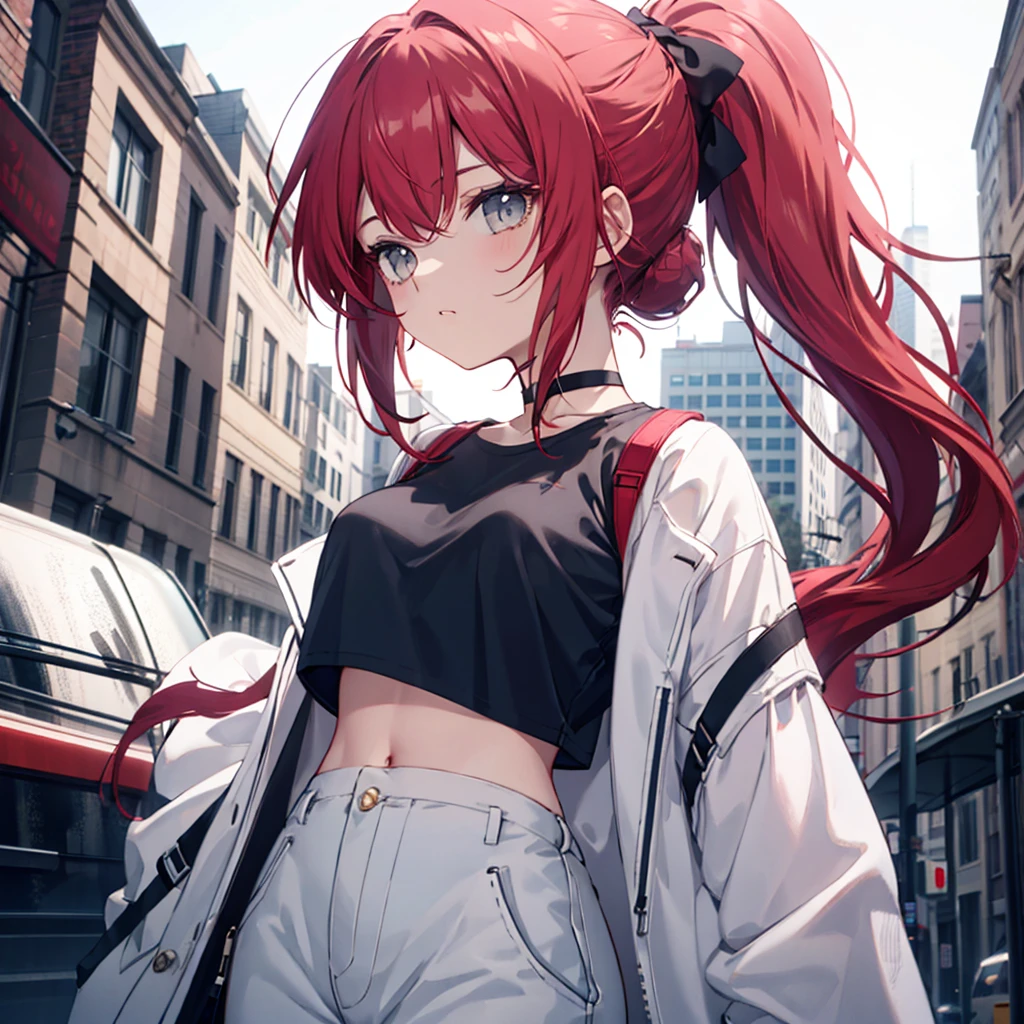 [[[[[[1 woman]]]]]] {{{ponytail hair}}}, With bangs, long hair, red hair, gray eyes animation, Breasts slightly larger, medium hips, choker, with a straight face, inexpressive, black clothes, Casual clothes, Boxty, crop tee, white outerwear, choker, standin, very detailed, 8k, game illustration, city background, retro pictures