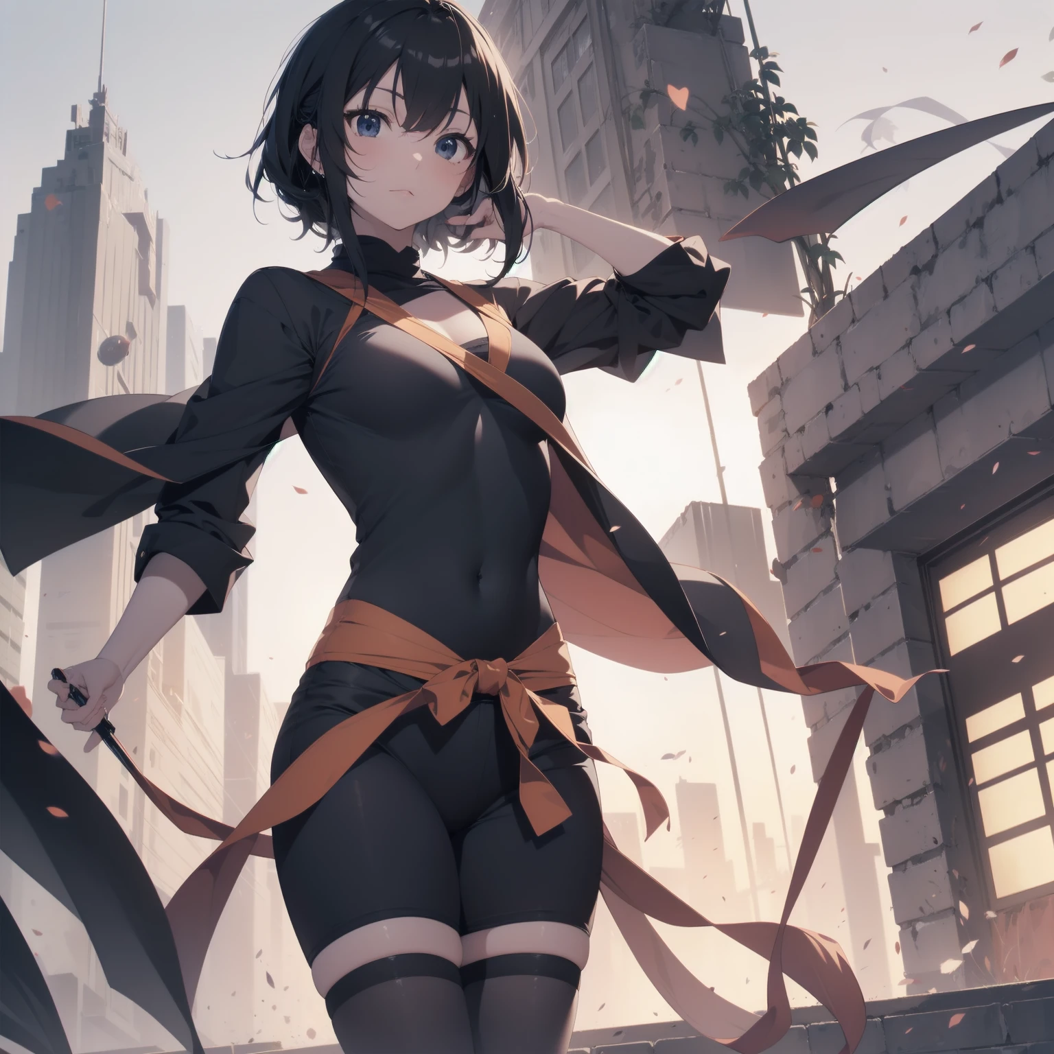 Ninjas are... cool and... fast.！ultra-absurdres-Top quality by artist God, ultra-detailed, high resolution, anime moe artstyle, best anime 8k konachan wallpaper, pixiv contest winner, pool:2810, perfect anatomy,break, Domo…1girl is ninja girl, (Please draw a picture of a Ninja girl stand and look down on the city from rooftop),from above, dutch angle, break, (Solo,little female,,12-year-old:1.3), androgynous charm, (Very Short hair, blunt bangs), Full limbs, complete fingers,flat chest, Small butt, groin, small black eyes, beautiful detailed eyes, well-proportioned iris and pupils, expressive eyes, highres detailed hair, (sleeveless hanjuban),obi,ninja hakama, japanese Hairpin,ninja scarf waving in the wind, ninja stance, break,super detailed skin, Best cinematic lighting powered by famous artist, 8k,beauty illustration,photoshop_(medium),very aesthetic,break,((artist:nekotoufu )), artist:clamp ,artist:carnelian ,artist:kantoku ,
