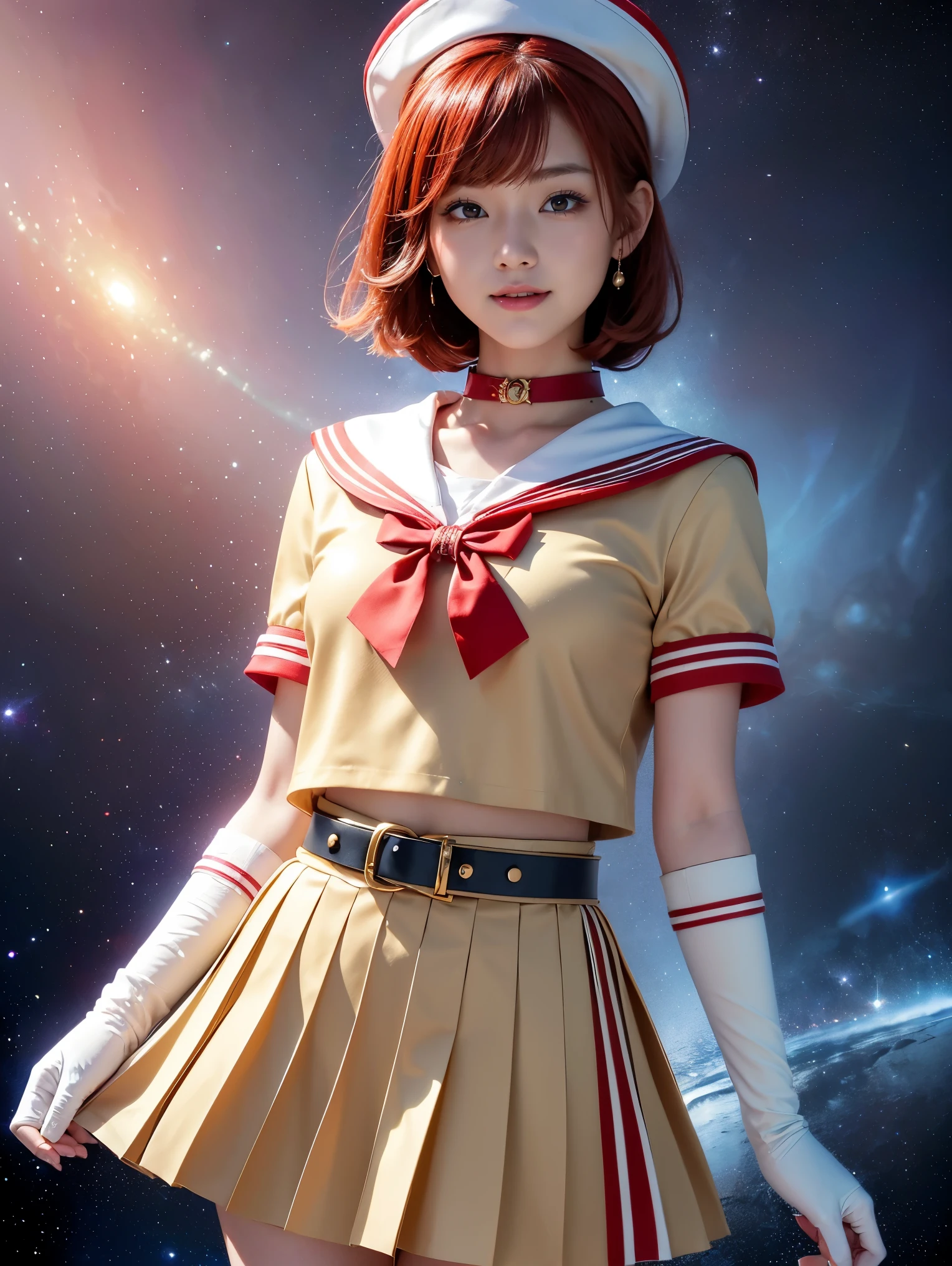 (((Short braided hair、Red Hair、Sailor cap)))、(((A 14-year-old Japanese girl wearing a shiny short-sleeved sailor uniform and elbow gloves, layered over a white cloak,smile)))、(((Beige latex sailor collar)))、(((Beige Latex Pleated Skirt,Red belt)))、emblem、choker、Earrings、ribbon、((belly button))、 (((Sailor Warrior Uniforms)))、(((Add red light)))、Beautiful ornaments: 美しいPerfect Face, Soft Skin、Perfect Face, Intricate details, Splash screen, 8k resolution, masterpiece, Cute Face、(((Space Background)))、Queen of Queenasterpiece, Highest quality, Highest quality, Official Art, Beauty and aesthetics: 1.2), (One girl: 1.3)