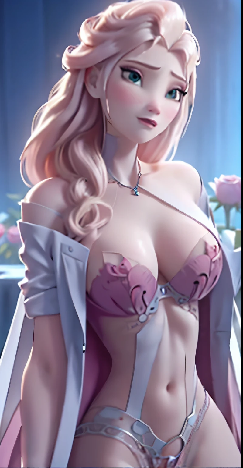  elsa,chubby face,invent,face detail,blush,purple eye shadow, rose in hair,arise from,simple background, looking to the side,half shirt, White dress, No blouse, without bra, visible peak on chest, (big tits) (big breasts) (Fully exposed chest) ( naked and visible nipple) (big tits) (big breasts) (Fully exposed chest) ( naked and visible nipple) big tits) (big breasts) (Fully exposed chest) ( naked and visible nipple