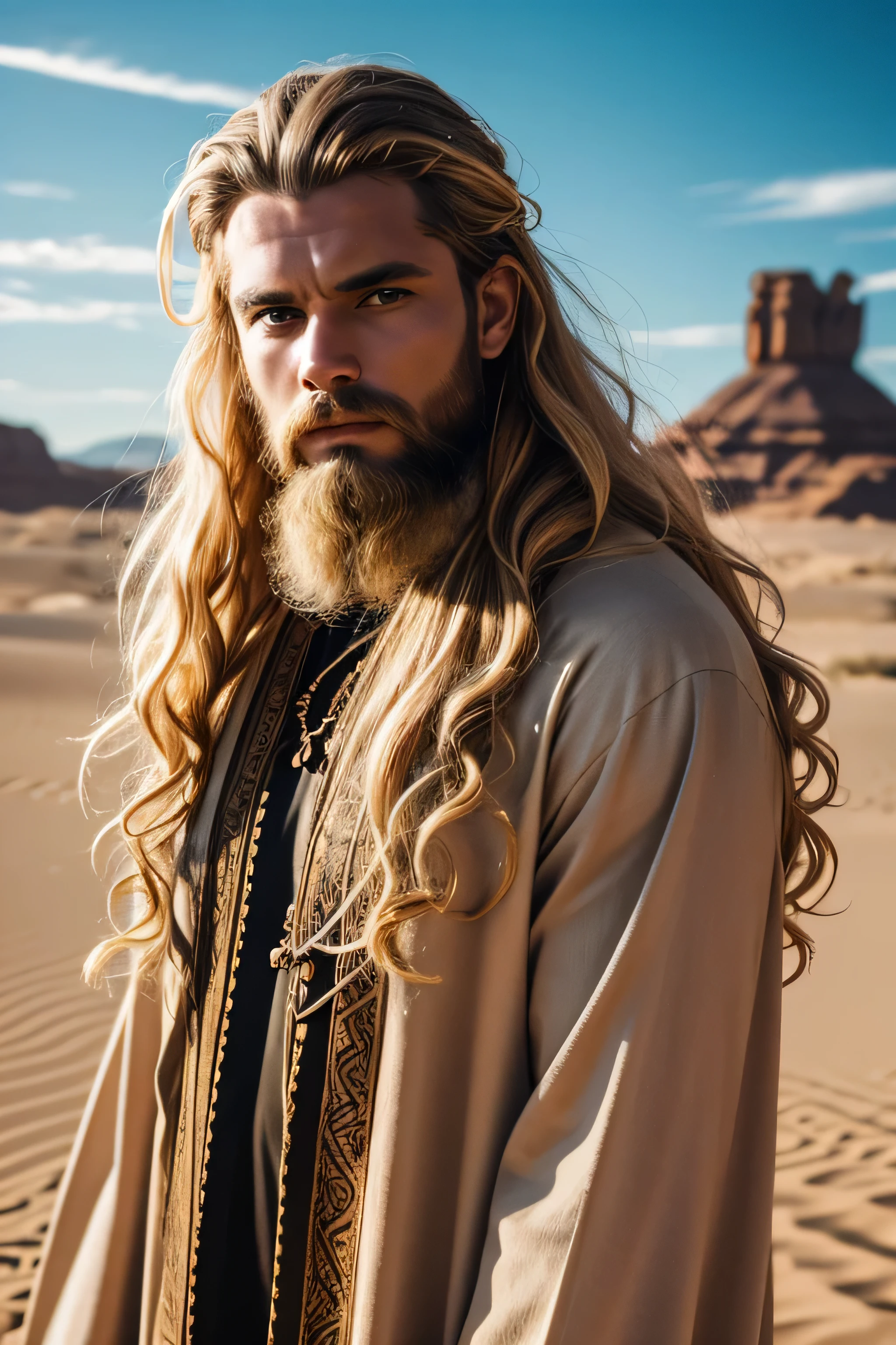 1 male viking, long blond hair, rough beard, wearing a caftan, ugly face, 25 years old, desert background, absurdres, high res, ultrasharp, 8K, masterpiece, the image should be of absurd resolution and high detail. It should be ultra-sharp and available in 8K resolution, representing a masterpiece in image quality.