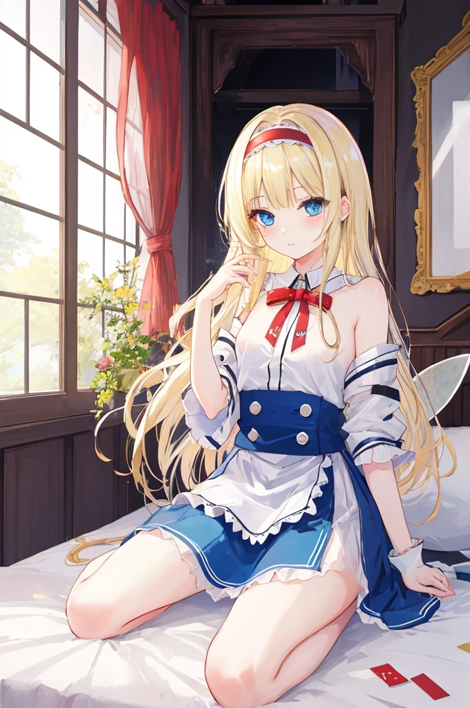 Alice漫游仙境，fairy tales，((Alice))，Light blond long hair，Blue Eyes，Well-behaved and cute，Sitting on the bed，nsfw，