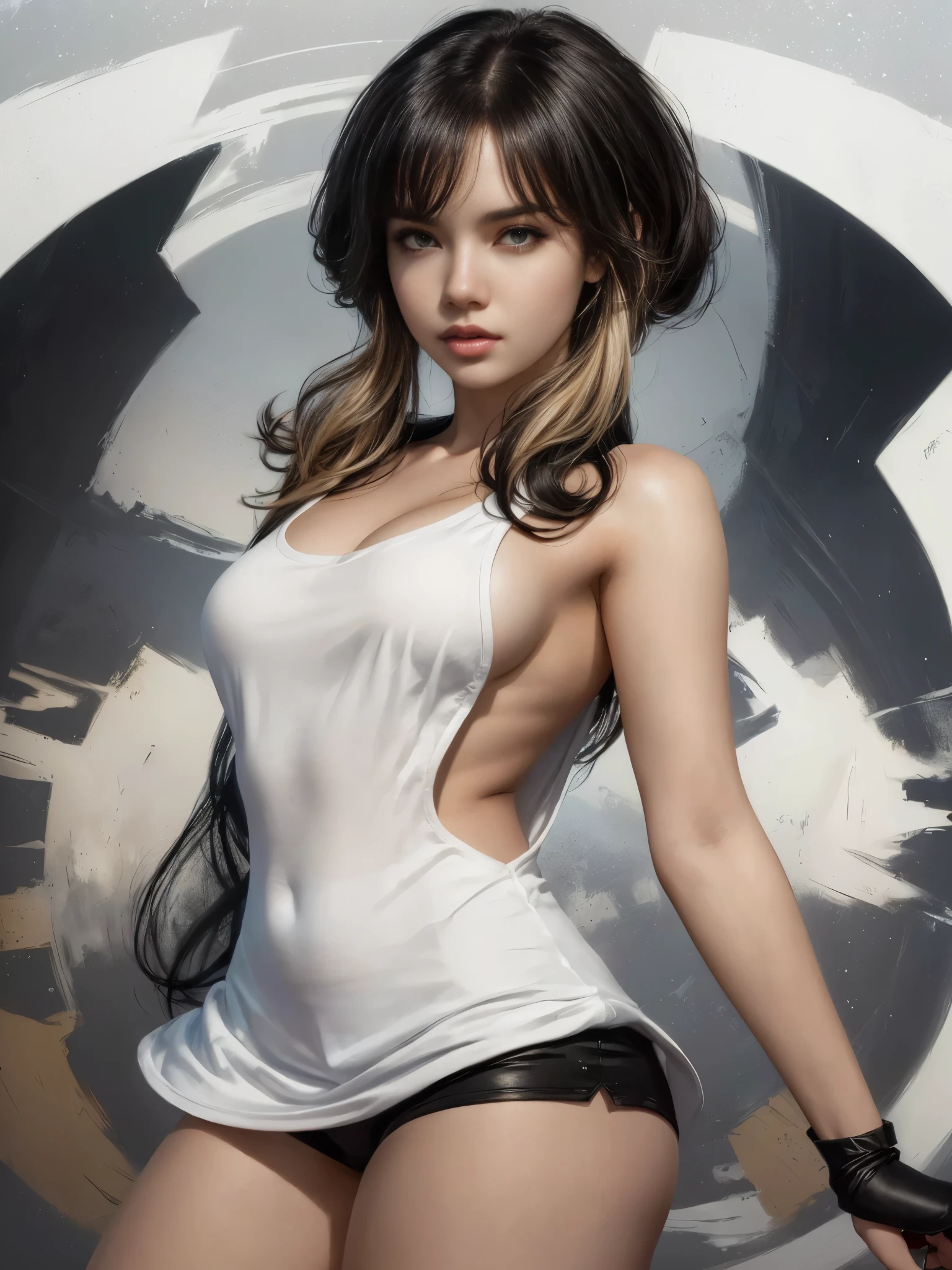 a woman in a white top and black shorts posing for a picture, artgerm julie bell beeple, chris moore. artgerm, ross tran 8 k, artgerm style, wlop and artgerm, artist artgerm i and wlop, artgerm and wlop, inspired by Marek Okon