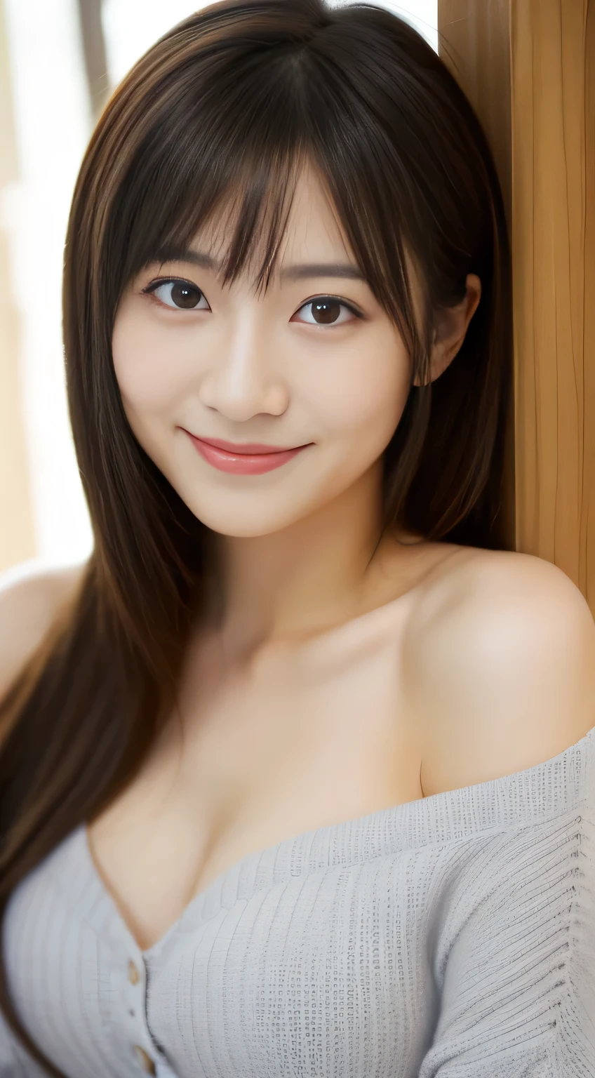masterpiece,best quality,(Japanese girl),((Beautiful girl)),cleavage,(off shoulder:1.2),(perfect body beauty:1.2),(shy smile)