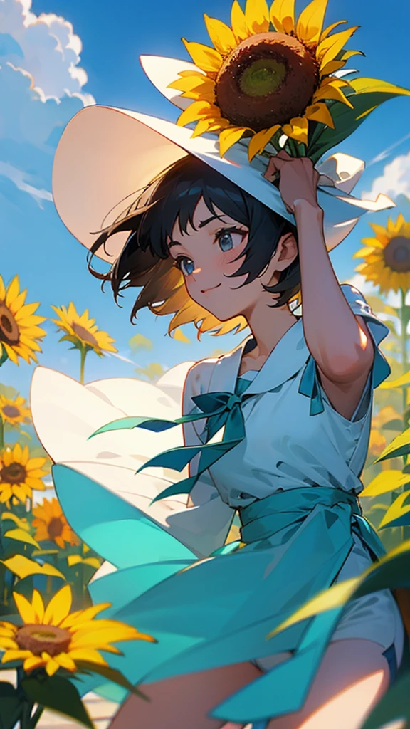 master piece, best quality, for below, cinematic angle, upper body , pigeon toed,
Anime-style Moe illustration, summer vacation theme, 20-year-old 4womans holding a bouquet of sunflowers, short hair, summer dress, slightly inner thighs, smile, accurate drawing, Active pose,