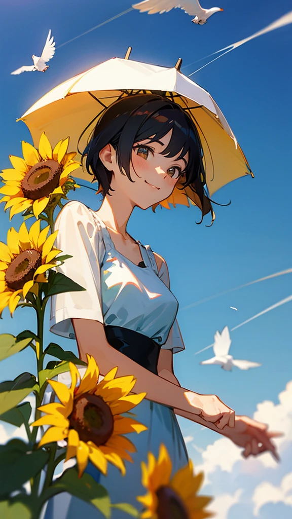 master piece, best quality, for below, cinematic angle, upper body , pigeon toed,
Anime-style Moe illustration, summer vacation theme, 20-year-old 4womans holding a bouquet of sunflowers, short hair, summer dress, slightly inner thighs, smile, accurate drawing, Active pose,