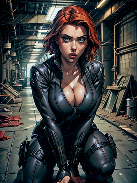 "Scarlett Johansson as Black Widow crouched low in a stealthy position, her eyes scanning the area for enemies. She is in her black tactical suit(cleavage showing), blending into the shadows. Her left hand is on the ground for balance, and her right hand is gripping a sleek, high-tech pistol. The background is a dimly lit, industrial facility with pipes and machinery."; highly detailed eyes, beautiful lips, black eyeline, Ultrarealistic, cinematic lighting , PhotoRealistic