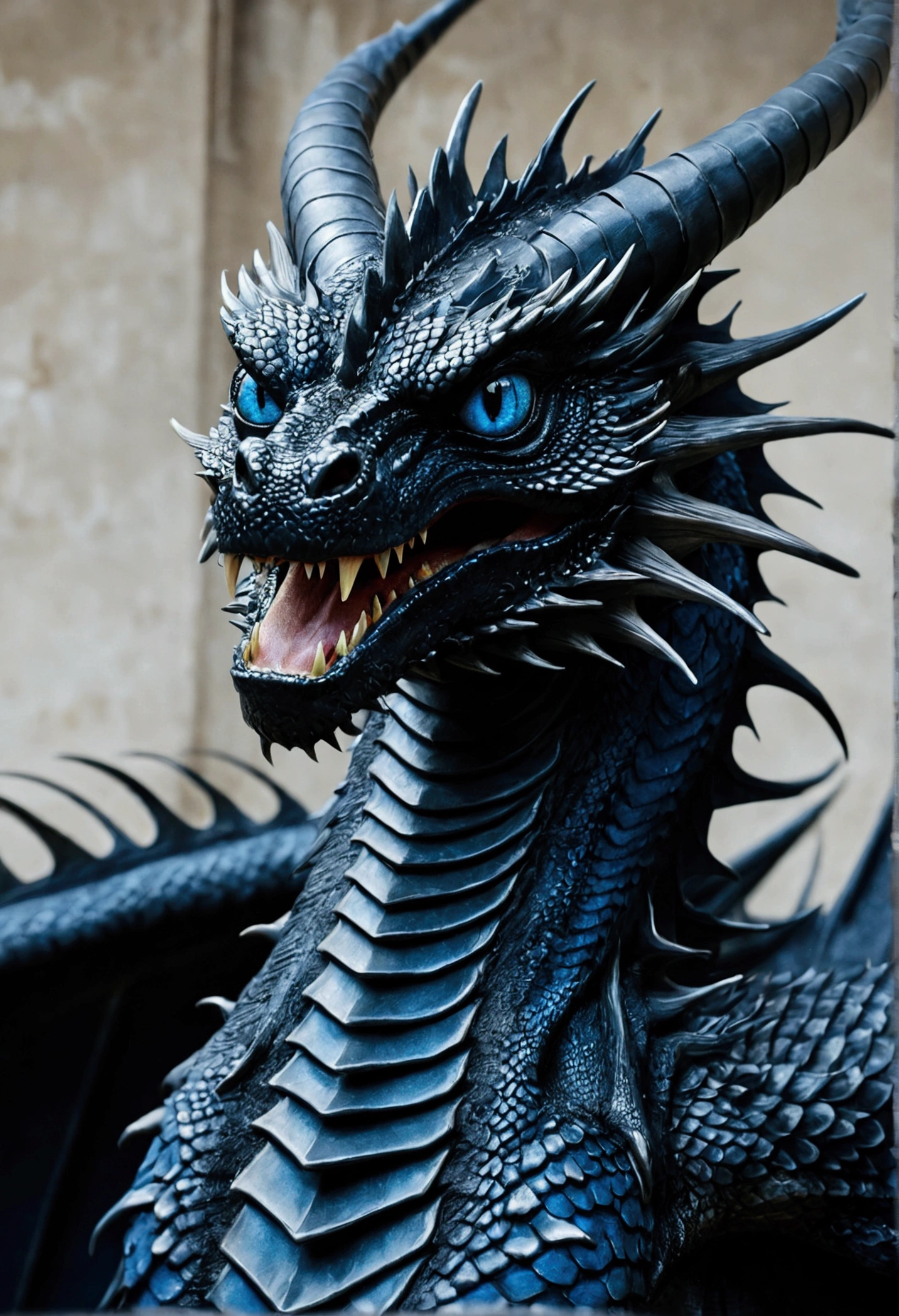 ((masterpiece)),((Best Quality)),((High detail)),((realist,)) Blue-eyed black dragon, Large size, looking at the viewer